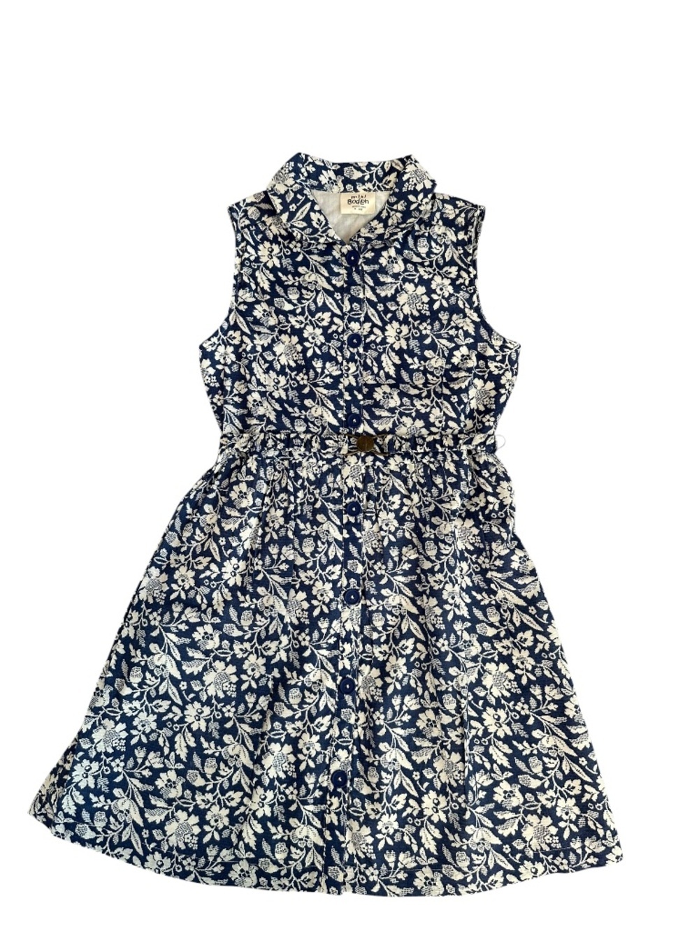 Mini Boden Girls 9-10Y Blue White Botanical Print Sleeveless Belted Dress Preppy
